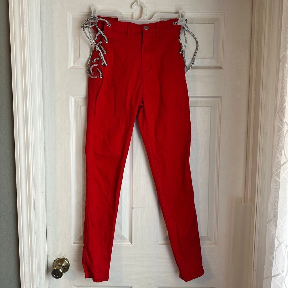 Blue Topic Women Red Jeans Tie Up Sides Size Medium Sparkle Laces